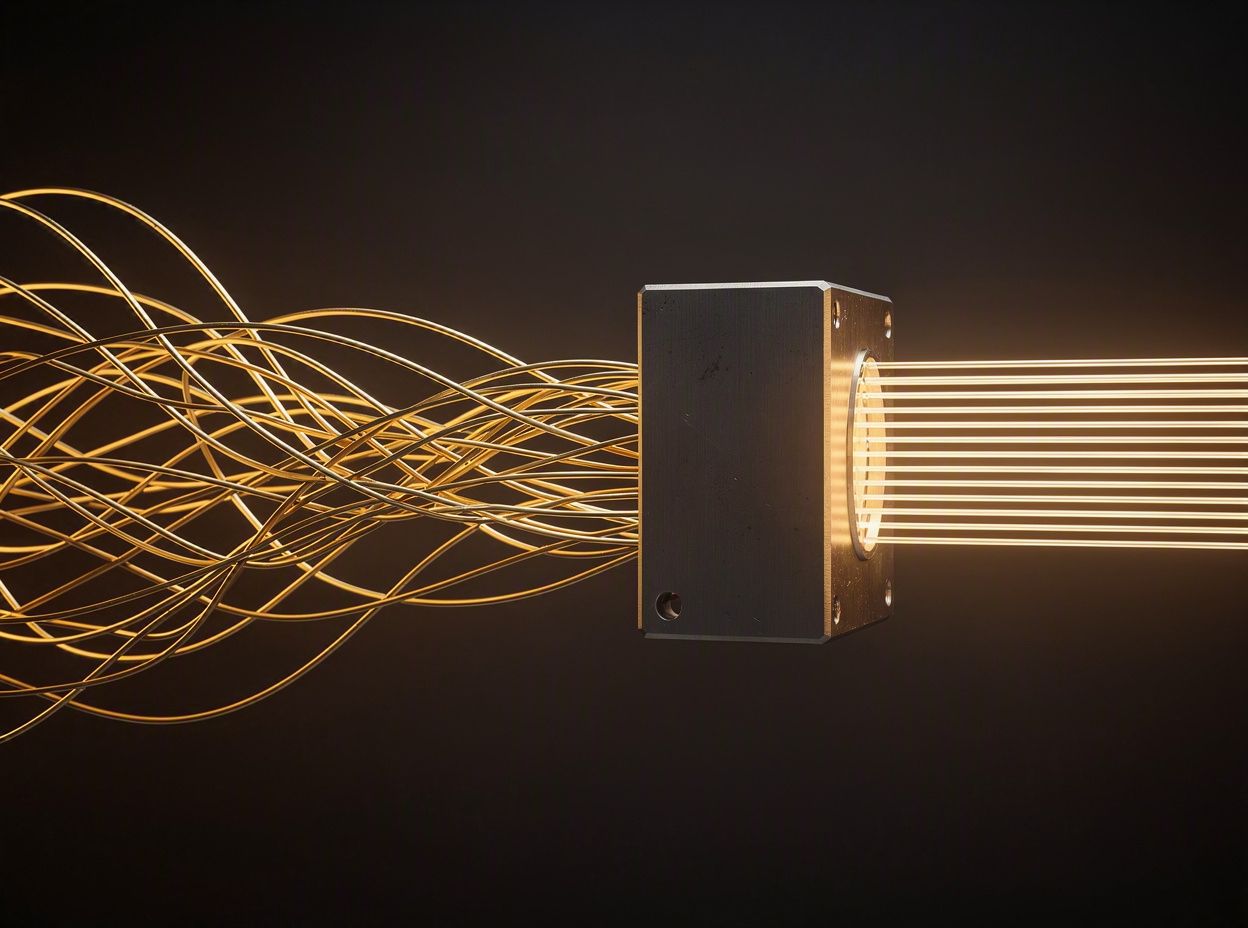 Dozens of tangled golden threads enter a machined dark metal block and leave as clean parallel lines